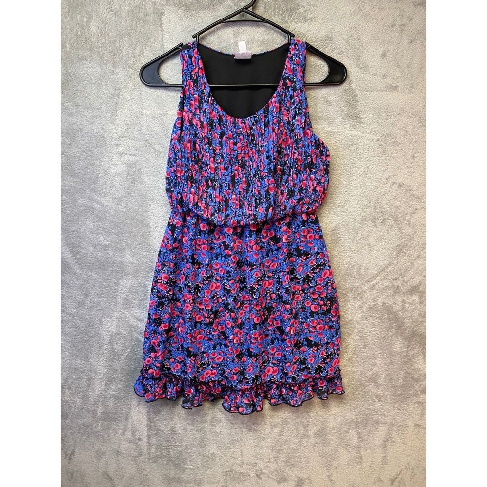 D-Signed Disney Floral Pleated Ruffle Mini Dress Blue Pink Size M 10/12
